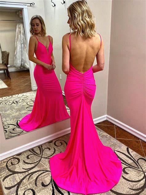 V Neck Hot Pink Mermaid Long Prom Dresses Hot Pink Mermaid Formal Evening Dresses In 2021
