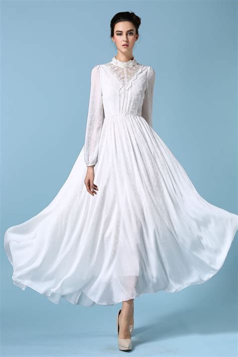 White Flowing Dresses Long Sleeve Chiffon Maxi Dress Chiffon Lace