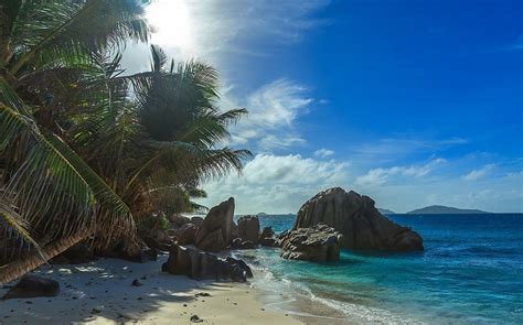 Nature Landscape Beach Sand Palm Trees Sea Island Rock Clouds Tropical Seychelles Wallpaper