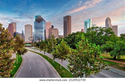 Downtown Houston Skyline Texas Usa Sunset Stock Photo 2124922730
