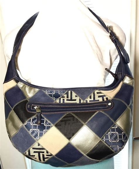 Tignanello Navy Blue Leather Patchwork Quilted Hobo Handbag Purse