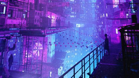 Download Wallpaper 2048x1152 City Night Buildings Light Neon Dark
