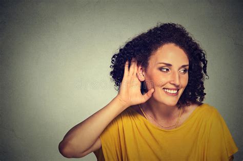 Happy Middle Aged Nosy Woman Hand To Ear Gesture Carefully Secretly