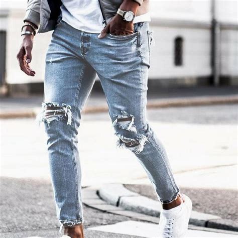 Business Industrial Men Ripped Jeans Pants Slim Fit Ripped Destroyed Hip Hop Work Trousers
