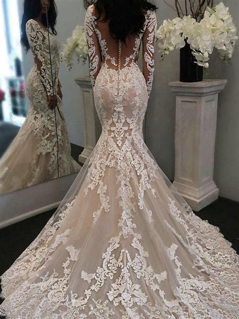 vintage inspired mermaid lace v neck wedding dress with long sleeves g dolly gown