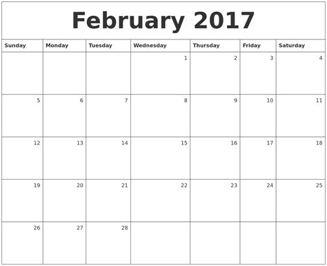 February 2017 Monthly Calendar