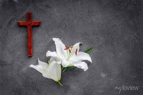 Lily Funeral Flower With Cross Condolence Card With Copy Space Posters