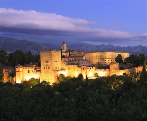 Night Photo Of The Alhambra Palace In Granada Andalusia Spain Stock