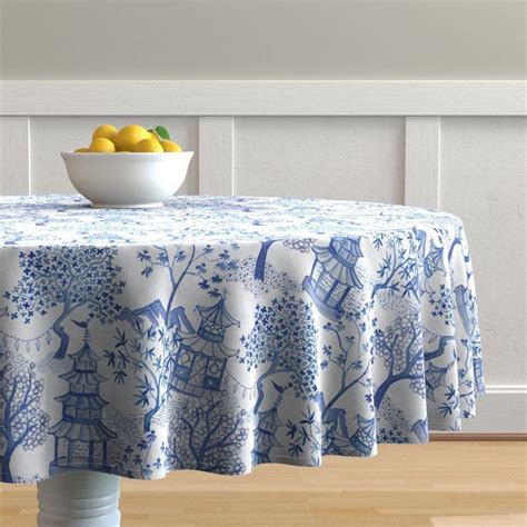 Chinoiserie Round Tablecloth Pagoda Forest Blues By Etsy Round