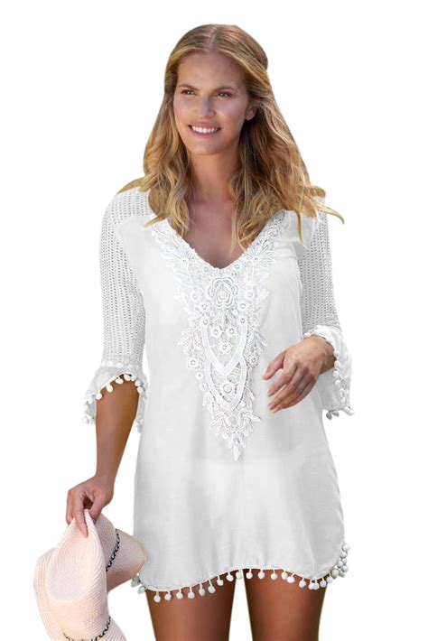 White Crochet Pom Pom Trim Beach Tunic Cover Up