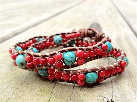 Turquoise And Coral Double Wrap Leather Bracelet With Flower Etsy