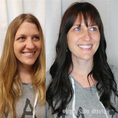 Hair Transformation From Blonde To Brown Brunette Blunt Bangs Loose