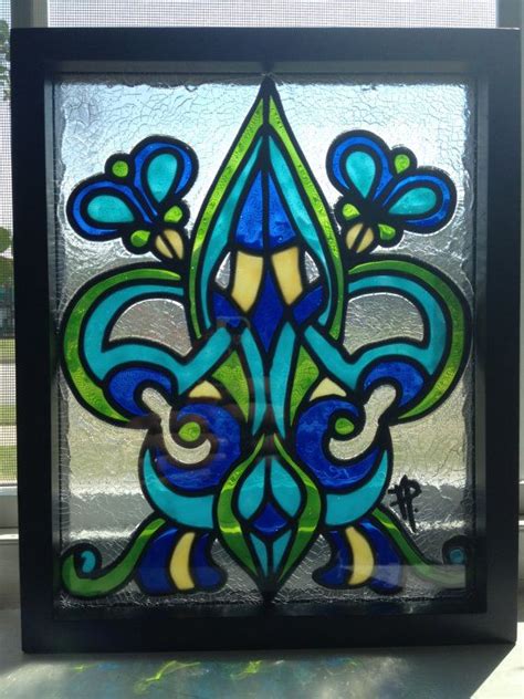 Cobalt Blue Beveled Glass Fleur Di Lis Stained Glass Window Panel Art And Collectibles Panels