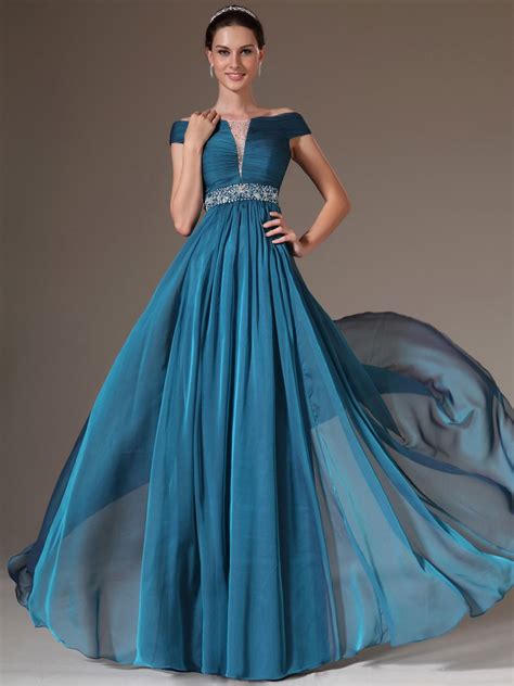 A Line Blue Off The Shoulder Beaded Cap Sleeve Chiffon Prom Dress In