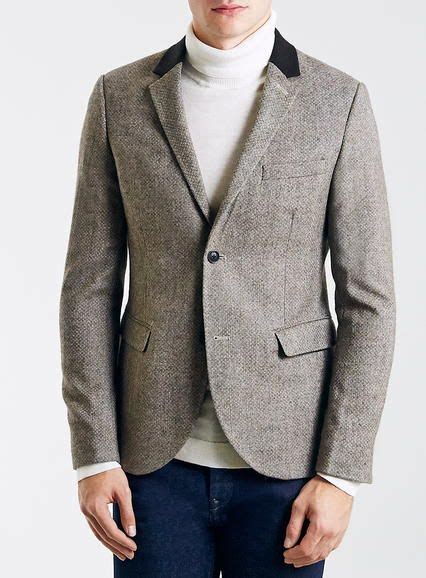 Brown Wool Blend Skinny Fit Blazer With Contrast Collar Detail Fitted