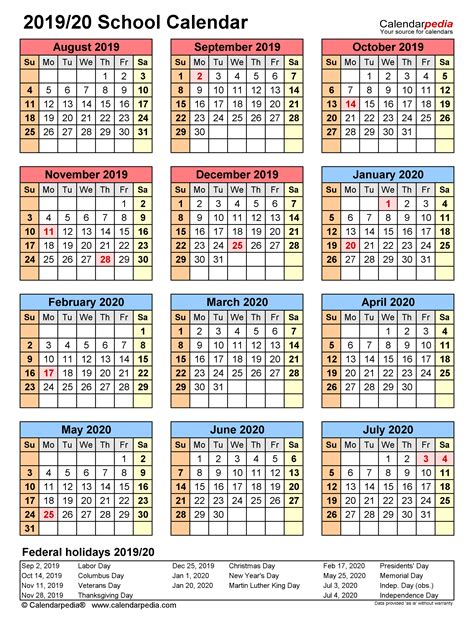 School Calendars 20192020 Free Printable Pdf Templates