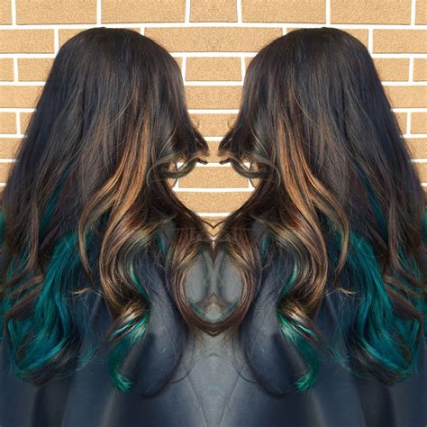 Teal Hair Teal Peekaboo Pravana Green Blue Balayage Caramel Teal Hair Highlights Teal Hair