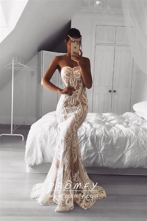 White Lace Overlay Champagne Mermaid Formal Dress Promfy