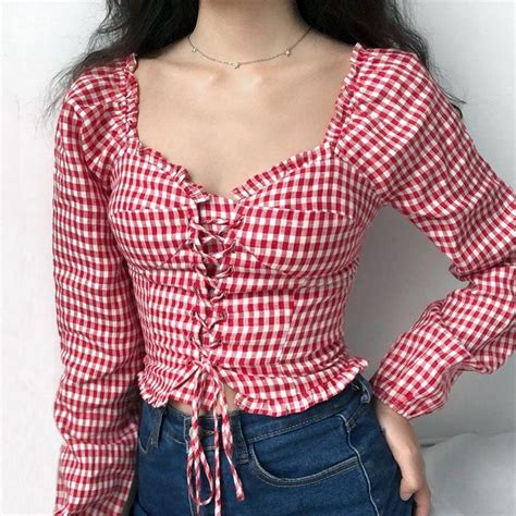 sun imperial women sweetheart neck lace up crop check blouse with frill trim high street fashion