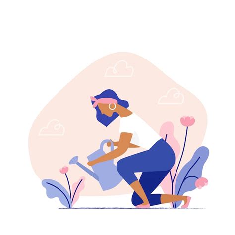 Premium Vector Woman Watering A Plant Female Character Gardening