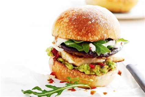 Pan Pickled Mushroom And Haloumi Burgers Recipes Delicious Com Au