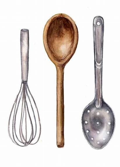 Kitchen Watercolor Utensils Spoon Whisk Drawing Wooden