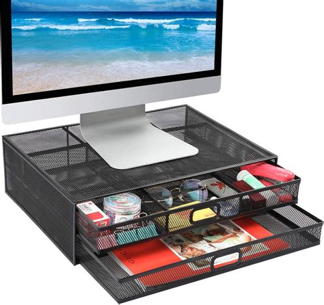 Monitor Stand Riser With Drawer Mesh Metal Desk Organizer Pc Laptop
