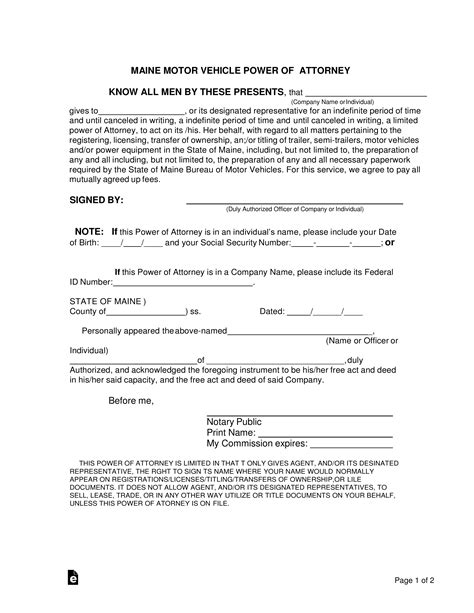 Free Maine Motor Vehicle Power Of Attorney Form Pdf Word Eforms