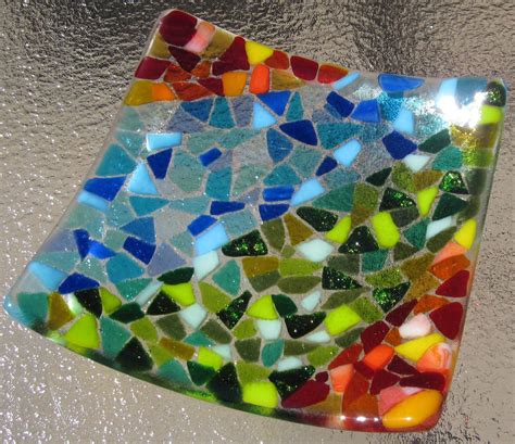 Fused Glass Mosaic Plate Sunset Sea And Leaves Colorful Mosaic Dish