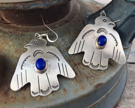 Navajo Sterling Silver Thunderbird Earrings With Lapis Lazuli Native