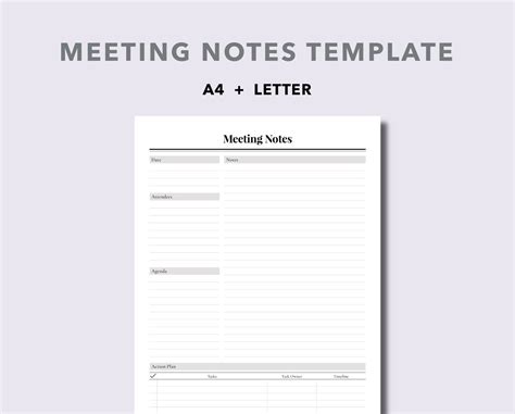 A4 Meeting Notes Template Printable Planner Insert Meeting Etsy