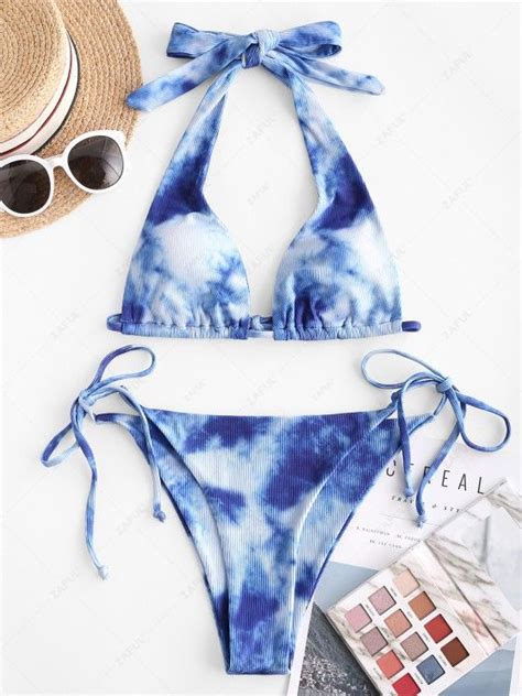 [39 Off] 2020 Zaful Halter Tie Dye Ribbed Convertible Bikini Swimwear In Blue Zaful