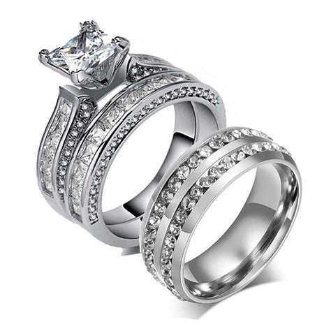 Loversring Couple Ring Bridal Set His Hers Women White Gold Filled Cz Men Stainless Steel