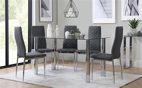 With many wooden dining sets, the shade for a family friendly way to do glass how about wood or metal framed tables and leather cushioned chairs? Lunar Chrome and Glass Dining Table with 6 Renzo Grey ...