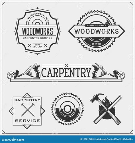 Set Of Vintage Carpentry Emblems Woodwork Labels Badges Logos And