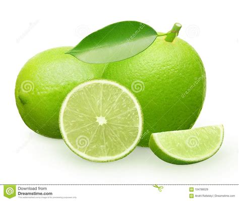 Whole Fresh Lime Fruit With Green Lying Half And Slice