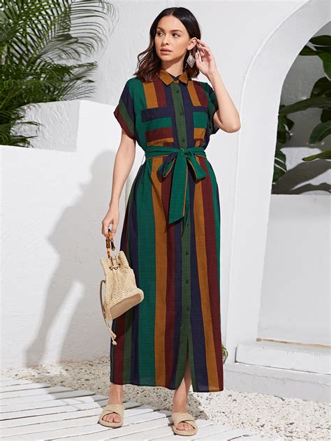 Striped Batwing Sleeve Belted Dress