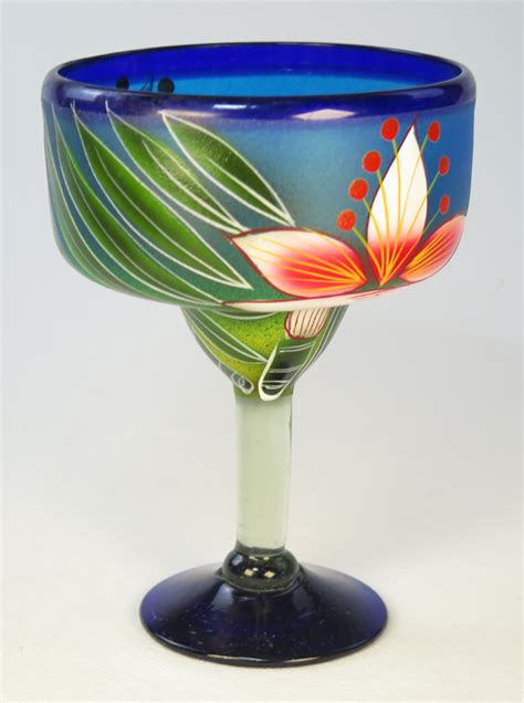 Mexican Margarita Glass 15oz Hand Painted Orchid On Blue Rim Blown Glass
