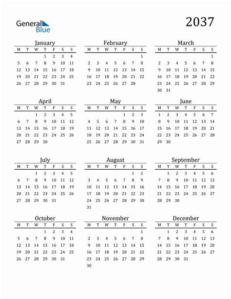 Year 2037 Free Printable 12 Month Calendar