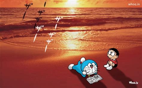 Doraemon Reading Book With Nice Sunset Hd Wallpaper Cartoon Wallpaper