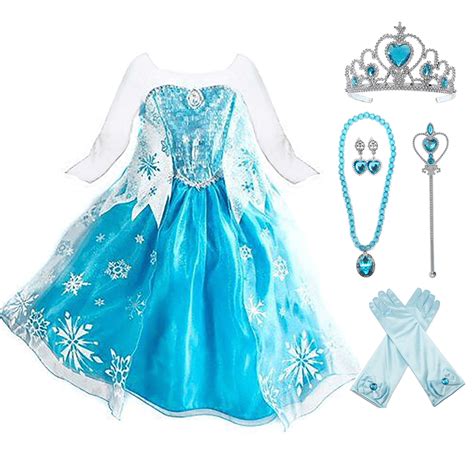 Frozen Elsa Dress Up Costume With Cosplay Accessories Crown Wand