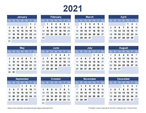 Modern instances have seen the advent of tailored calendars personalized to suit a person's special requirements. Download a free Printable 2021 Yearly Calendar from Vertex42.com | Printable yearly calendar ...