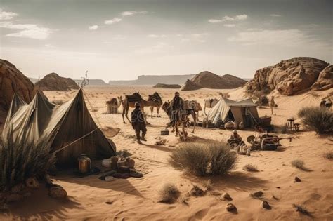 Nomadic Tribe Setting Up Camp In Desert Landscape Stock Illustration