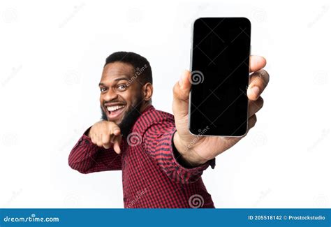African Man Showing Phone Blank Screen Recommending Application White