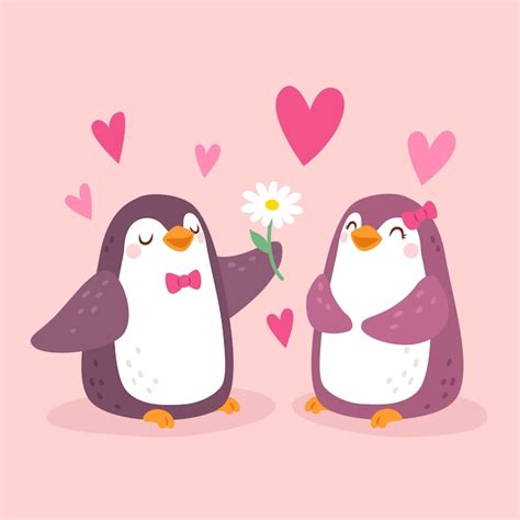 Dibujado A Mano Pareja De Pingüinos De San Valentín Vector Premium