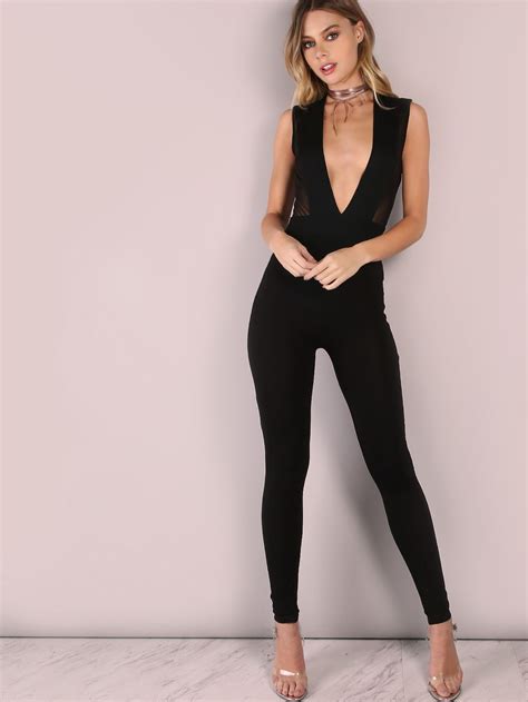 Shop Black Deep V Neck Sleeveless Skinny Jumpsuit Online Shein Offers