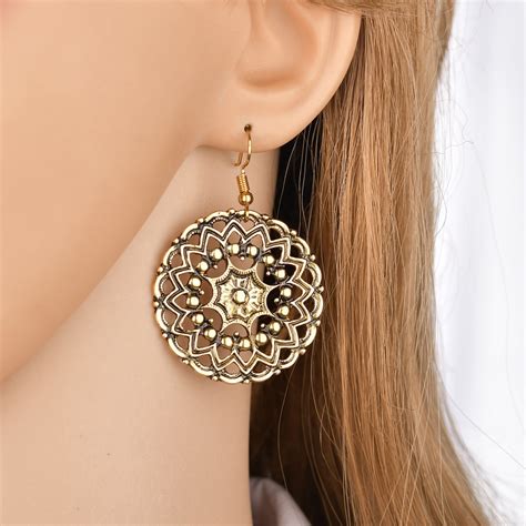 Vintage Style Bohemian Ethnic Carved Floral Alloy Ear Hook Earrings For