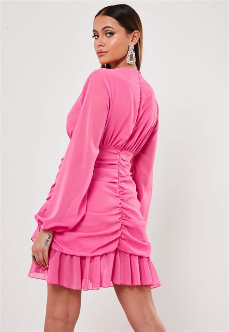 Hot Pink Wrap Ruffle Tea Dress Missguided