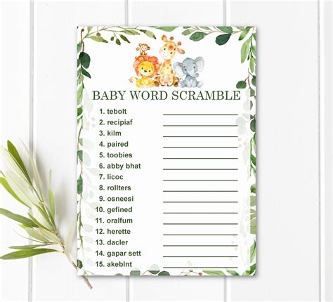 Baby Word Scramble With Answers Jungle Baby Shower Game Baby Shower