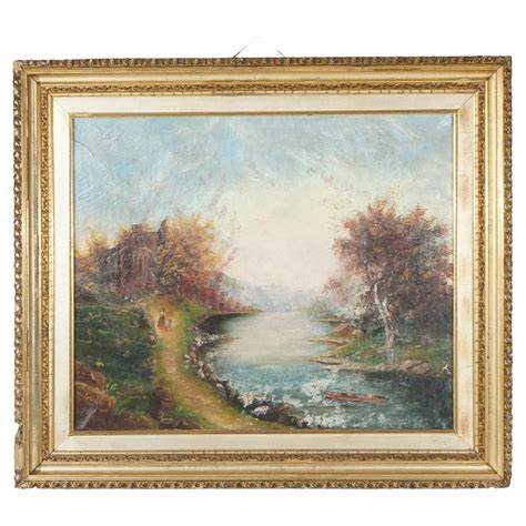 Large Antique Oil On Canvas Hudson River School Landscape Painting